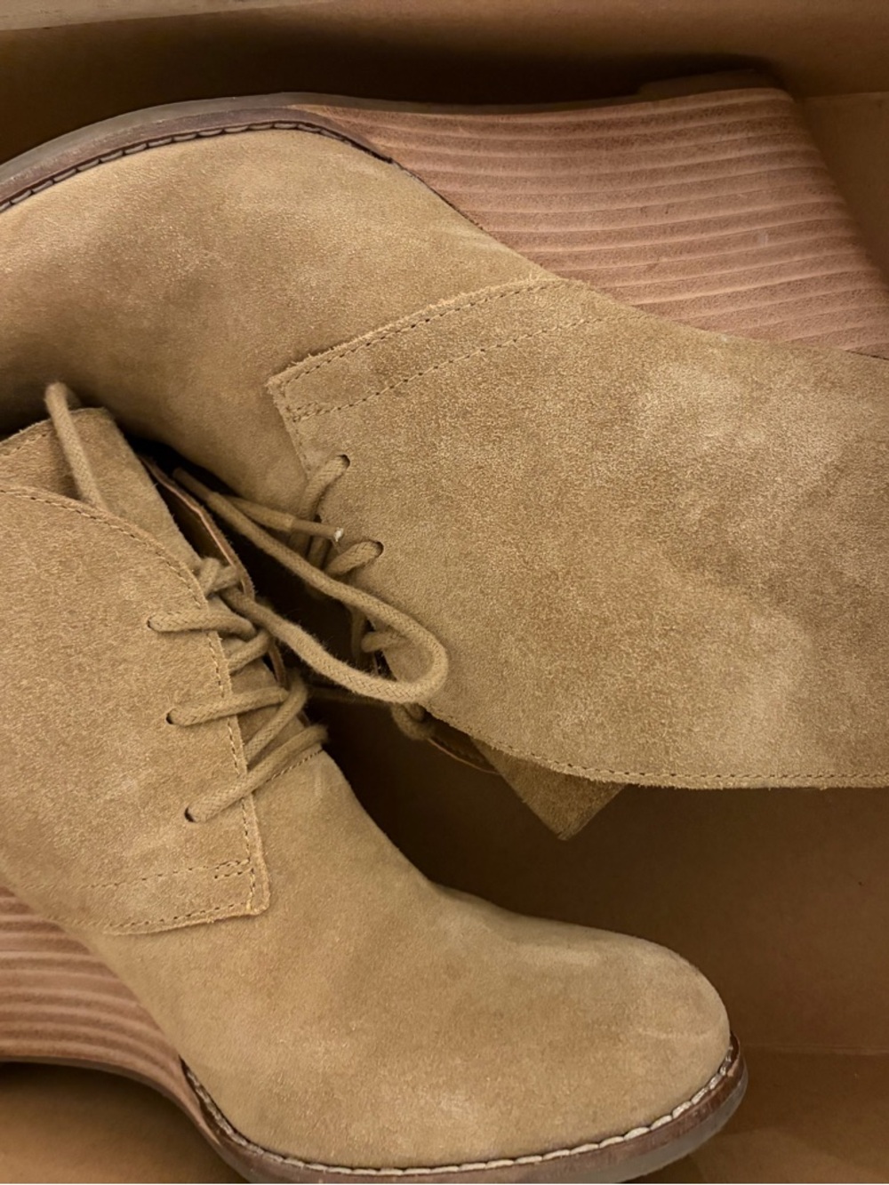 Lucky Brand Suede Lace-Up Wedge Boots in Tan